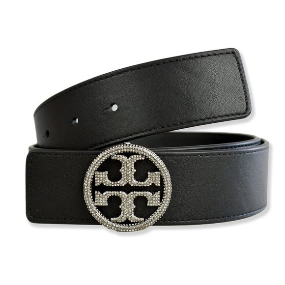 Tory Burch $248 WIDE Embellished Crystal Paved  Logo Buckle Leather Belt XS S - Picture 4 of 6